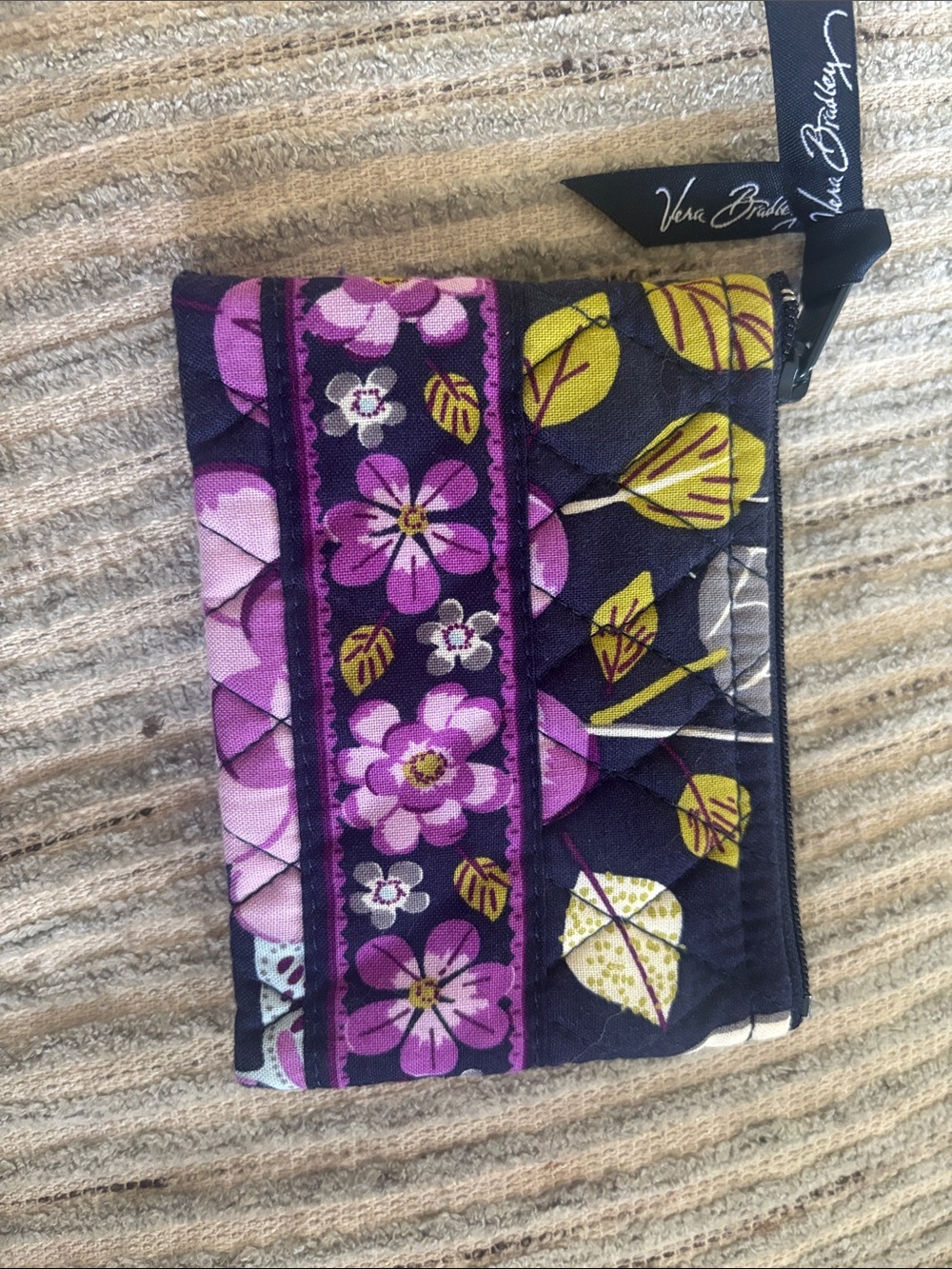 Vera Bradley Purple Floral Quilted Card Pouch with Yellow Leaf Accents